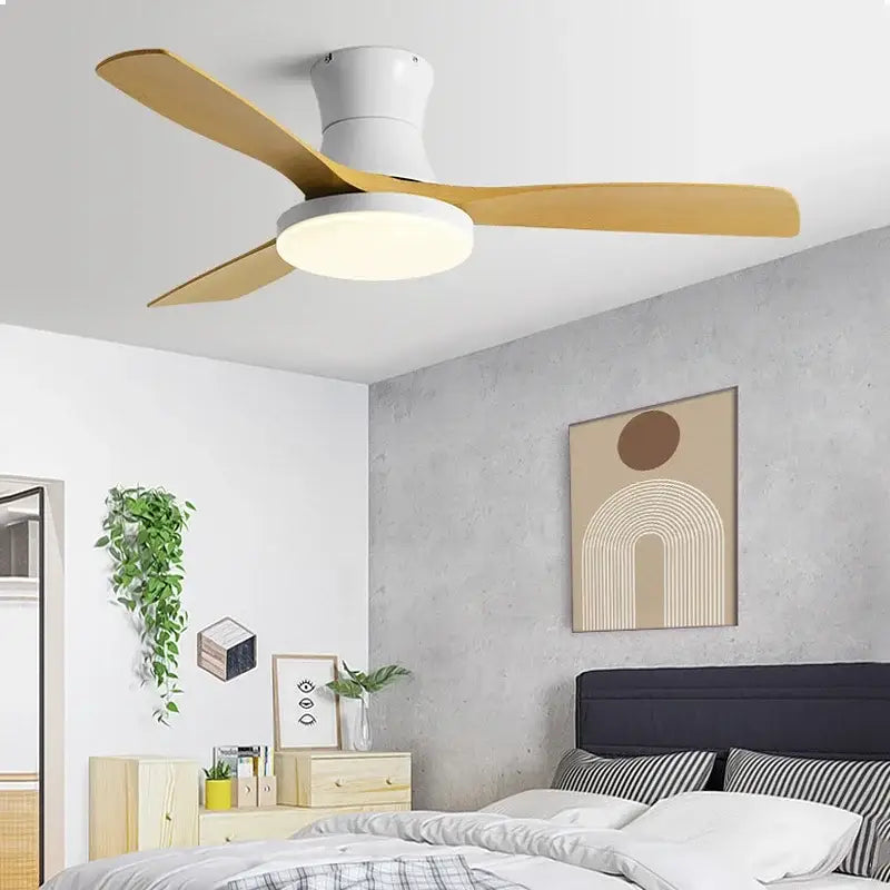 DecorBites low profile ceiling fan with white and light wood finish and integrated led lighting for modern decor