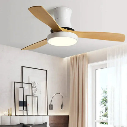 Modern ceiling fan with three light wooden blades and white housing with integrated led light decorbites low profile ceiling fan