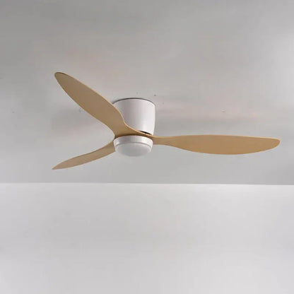Modern decorbites low profile ceiling fan with three light wood blades white motor housing and remote control for indoor outdoor use