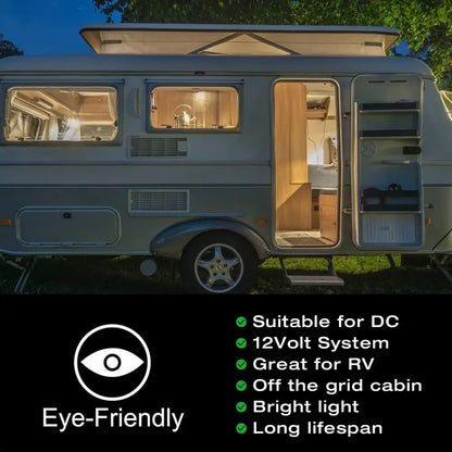 Light gray camper van interior illuminated by decorbites low voltage 6w e27 led bulb with clear glass retro cabin lamp