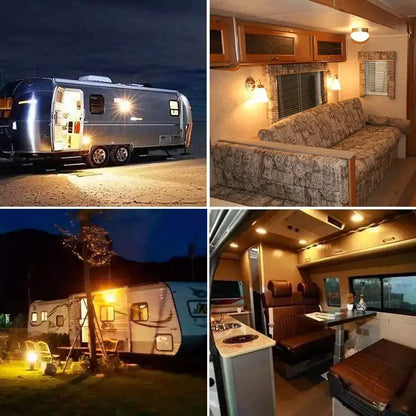 Shiny silver airstream travel trailer with illuminated windows featuring decorbites low voltage 6w led bulb in clear glass
