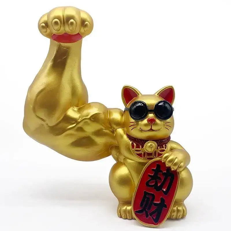 Golden decorbites lucky cat figurine with sunglasses flexing muscle arm holding red plaque for feng shui decor