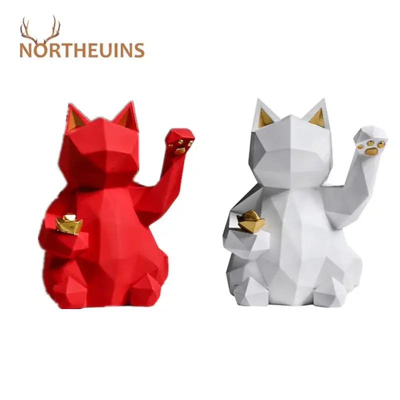 Decorbites lucky cat resin statue featuring red and white geometric design with gold accents for modern home decor