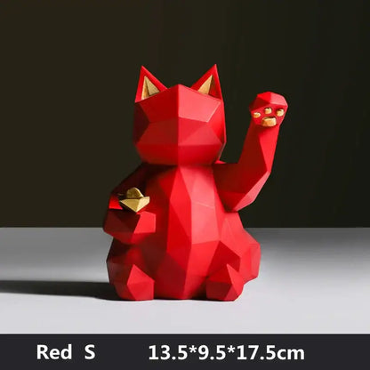 Red geometric-style DecorBites lucky cat resin statue with gold accents for modern Nordic home decor
