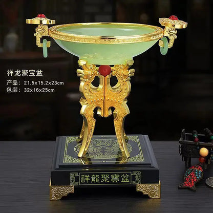 Golden dragon-themed decorbites lucky decoration flower stand bowl with green jade interior and red gemstones on black base