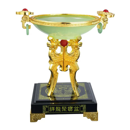 Decorbites lucky decoration flower stand featuring a golden dragon-adorned jade incense burner with red gemstones and black base