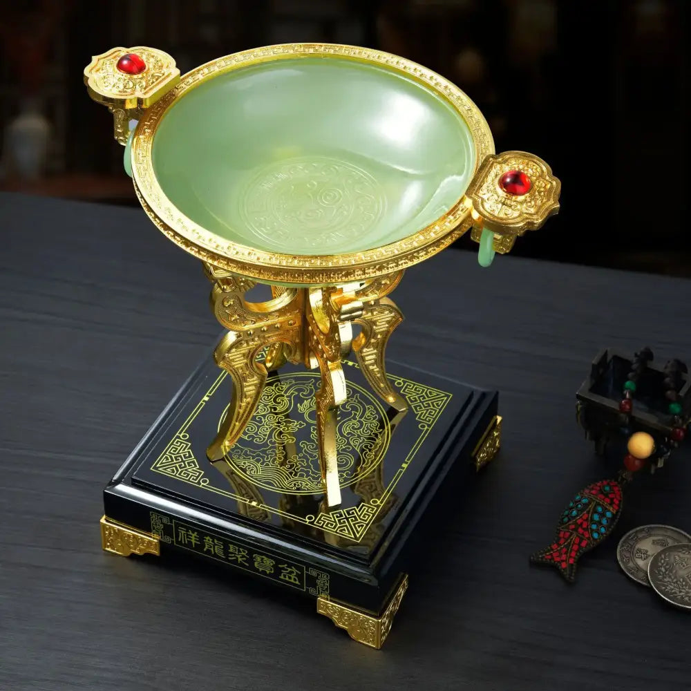 Elegant jade-green decorbites lucky decoration flower stand with gold-plated ornate handles and red gemstone accents