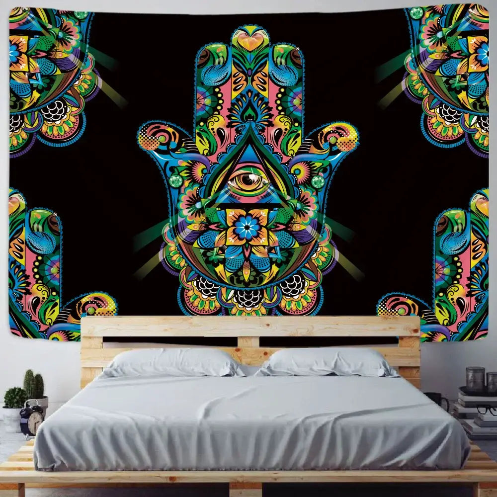 Decorbites lucky hand mandala tapestry wall hanging featuring vibrant floral neon patterns on black background boho decor