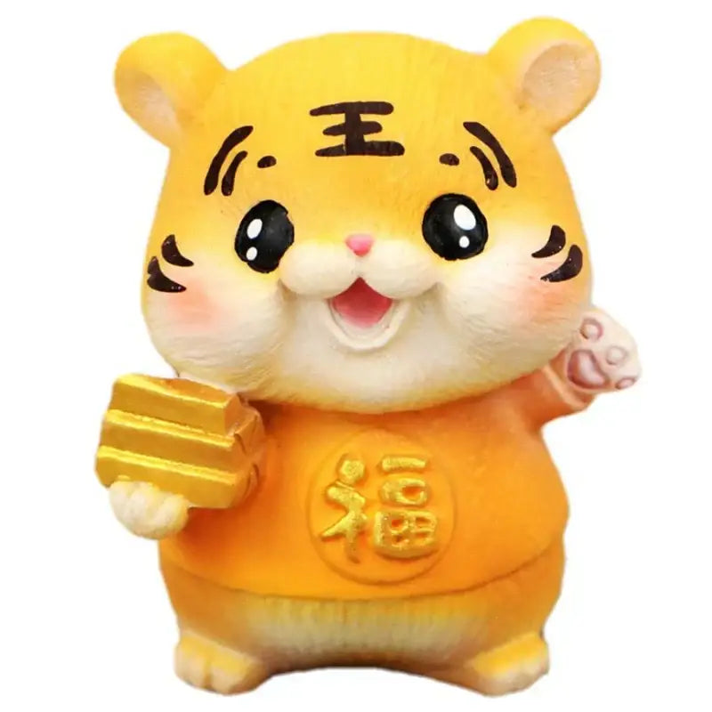 DecorBites™ lucky tiger figurine cheerful yellow tiger themed with black whiskers holding golden bars for fortune decor