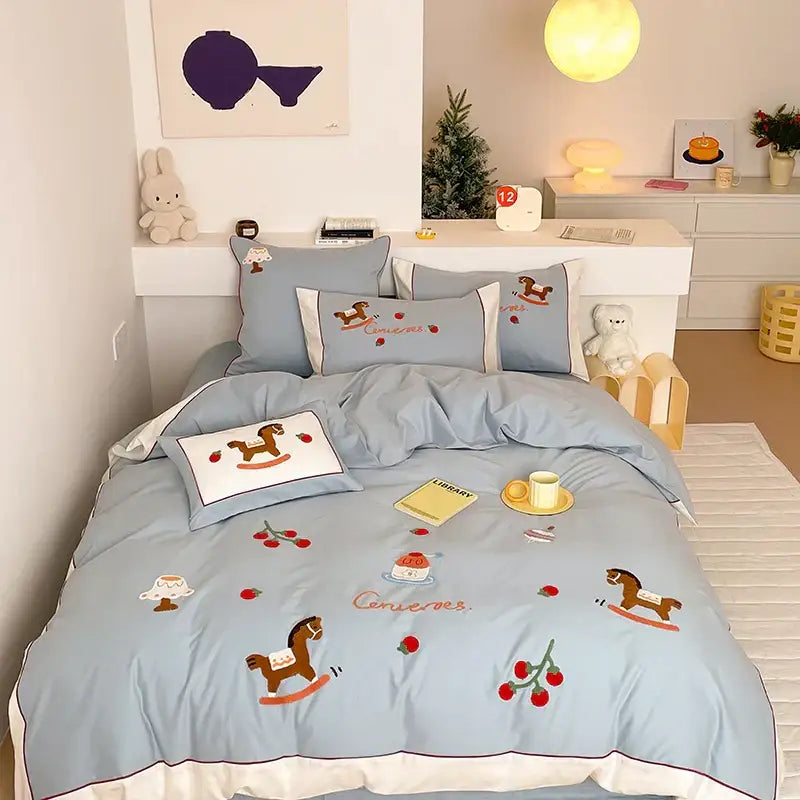 Light blue cotton decorbites lucky trojan embroidered bedding set with rocking horse and cherry motifs duvet cover