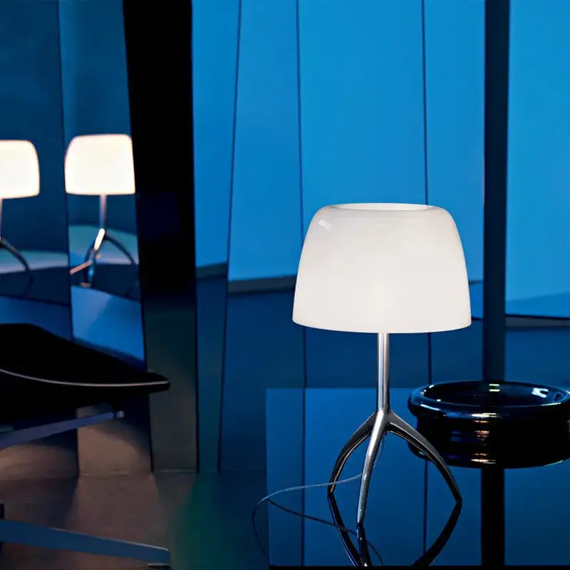 DecorBites lumiere glass table lamp with white opaline glass shade on a chrome tripod base for bedroom and living room