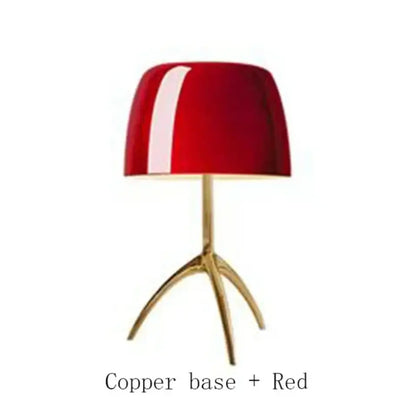 Red lampshade with white stripe on a copper tripod base in decorbites lumiere glass table lamp for modern LED lighting