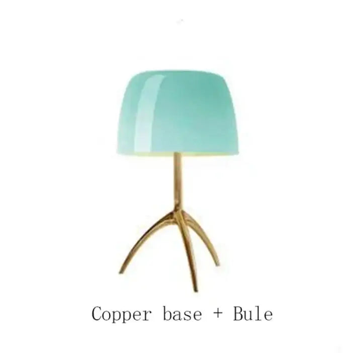 DecorBites Lumiere glass table lamp with translucent teal glass shade and polished copper tripod base for modern decor