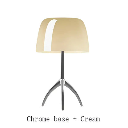 Cream-colored glossy lampshade on a sleek chrome tripod base decorbites lumiere piccola chrome table lamp for bedside use