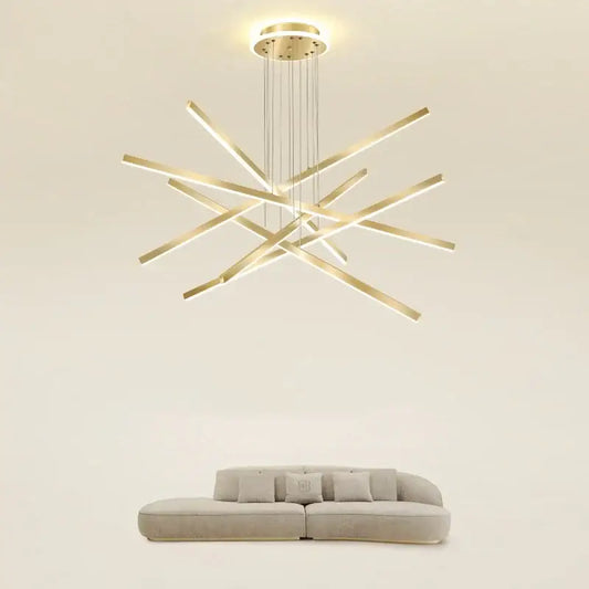 Modern gold-toned aluminum DecorBites luminous ceiling plate chandelier with sleek LED light bars for living room dining table