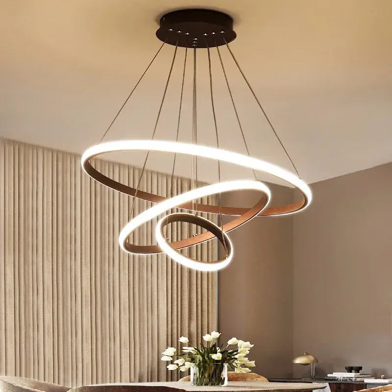 Decorbites luminous circle pendant double-ring led chandelier with sleek black mount and warm white illumination
