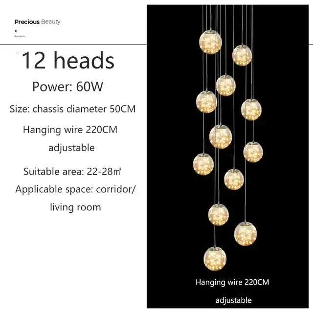 DecorBites luminous glass 12-head glass ball pendant chandelier with spherical globes and chrome wires for living room decor