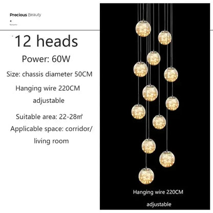 DecorBites luminous glass 12-head glass ball pendant chandelier with spherical globes and chrome wires for living room decor