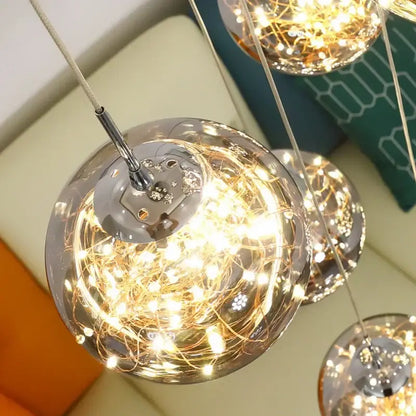 Decorbites luminous glass ball pendant chandelier with warm led string lights and chrome fixtures for living dining room