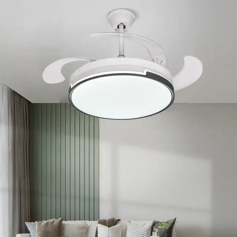 White DecorBites luminous led fandelier with sleek curved blades and integrated light for modern ceiling fan use
