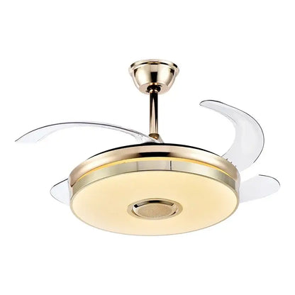 Gold-toned DecorBites luminous light ceiling fan with integrated lighting and transparent curved blades for stylish airflow