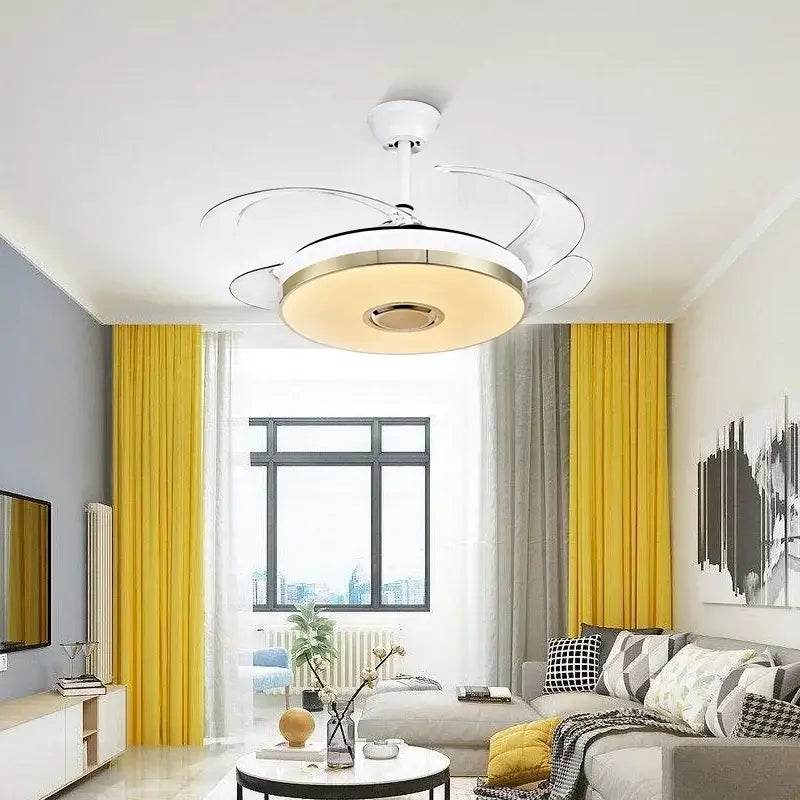 Modern white DecorBites luminous light ceiling fan with integrated light curved blade design and Bluetooth speaker remote control