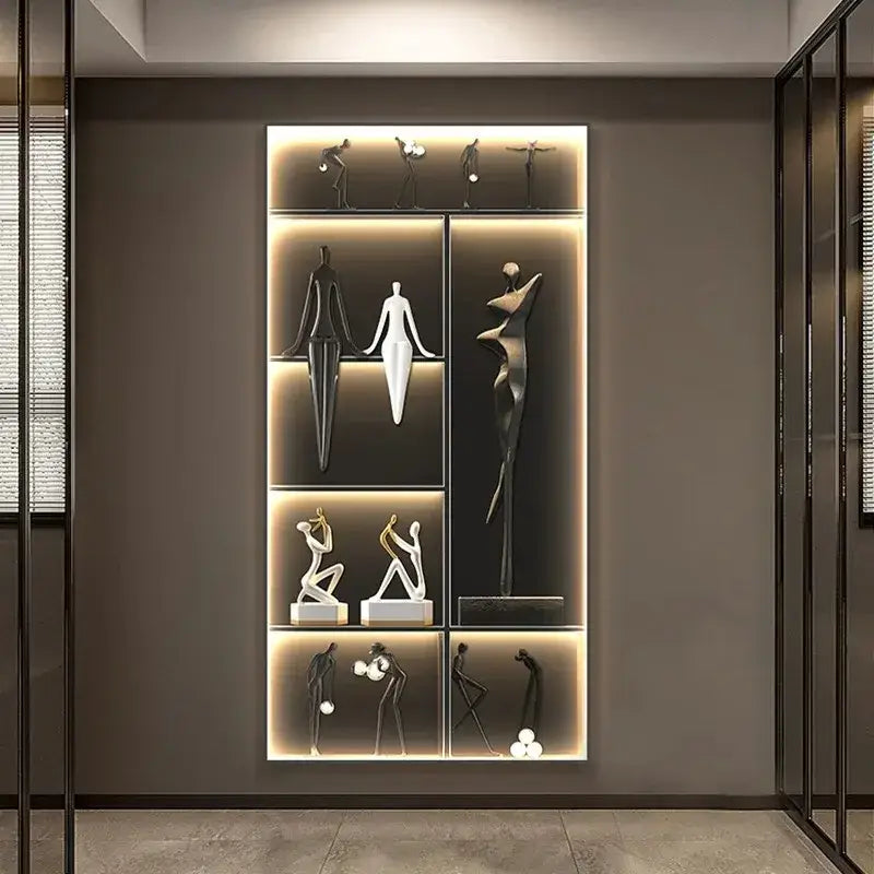 Modern minimalist decorbites luminous wall mural with black white and metallic abstract human figure sculptures on illuminated shelves