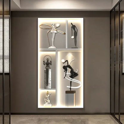 Modern minimalist decorbites luminous wall mural with wall-mounted black white and gold abstract human sculptures