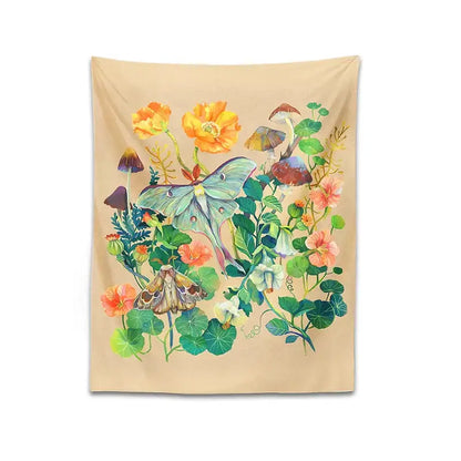 Beige decorbites luna moth tapestry featuring vibrant orange pink flowers green foliage and moths in soft watercolor style