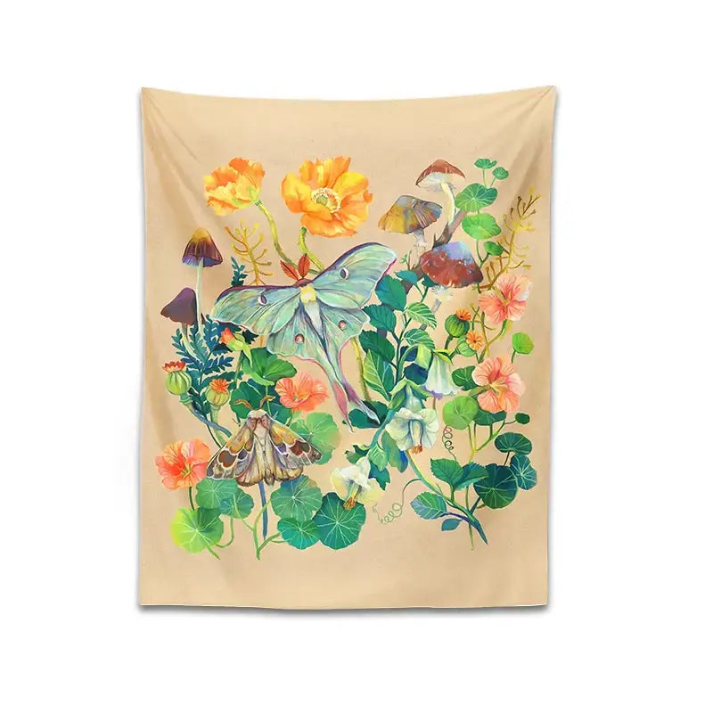 Beige decorbites luna moth tapestry featuring vibrant orange pink flowers green foliage mushrooms and moths in watercolor style