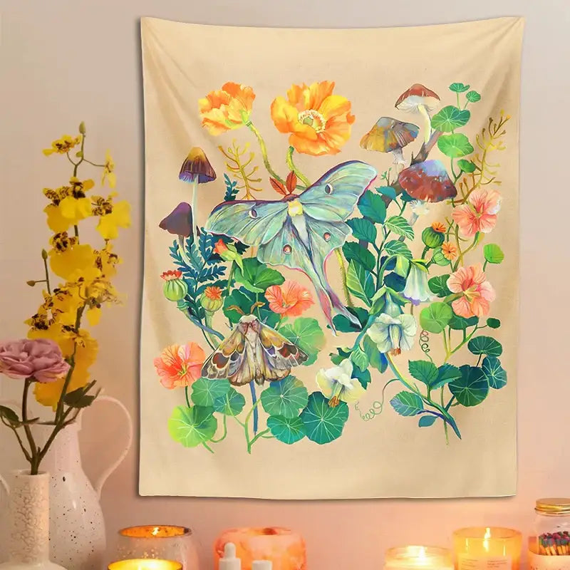 Beige decorbites luna moth tapestry with vibrant watercolor moths mushrooms and flowers for psychedelic home decor