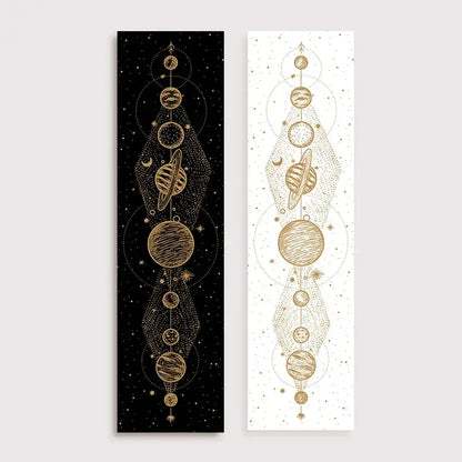 Two vertical celestial-themed bookmarks with gold planetary art in black and white for decorbites lunar eclipse moon decor