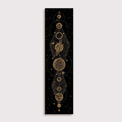 A vertical black canvas print by decorbites lunar eclipse featuring intricate gold lunar eclipse moon celestial illustrations