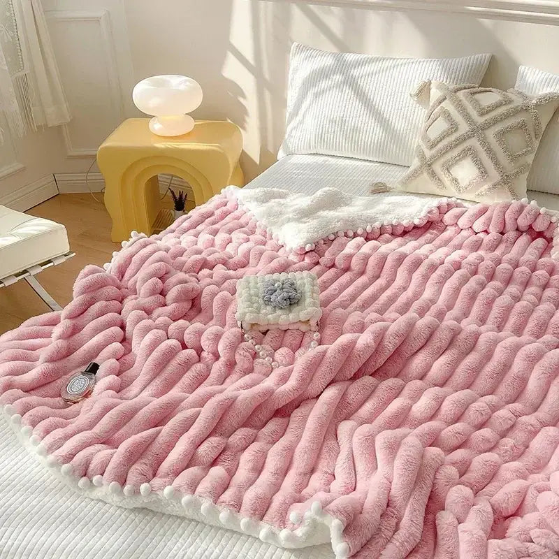 DecorBites™ luxe faux rabbit fur pink chunky knit throw blanket with white pom-pom trim for cozy bed warmth