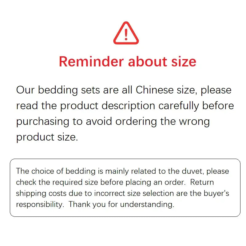 Red triangular warning symbol above bold red text reminder about size for decorbites luxe floral embroidery bedding set queen king 100% cotton