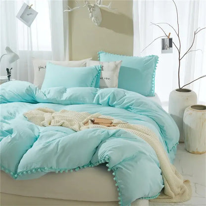 Mint green pom-pom trimmed duvet cover set from decorbites luxe furball tasseled bedding set queen king size