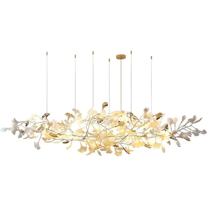 Elegant gold-toned DecorBites Luxe Ginkgo leaves pendant light with glass leaf elements for living room or bedroom decor