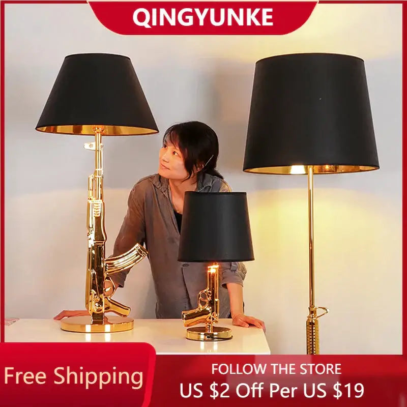 DecorBites luxe gold AK47 led floor lamp with black fabric shade and gold trim for modern living room decor