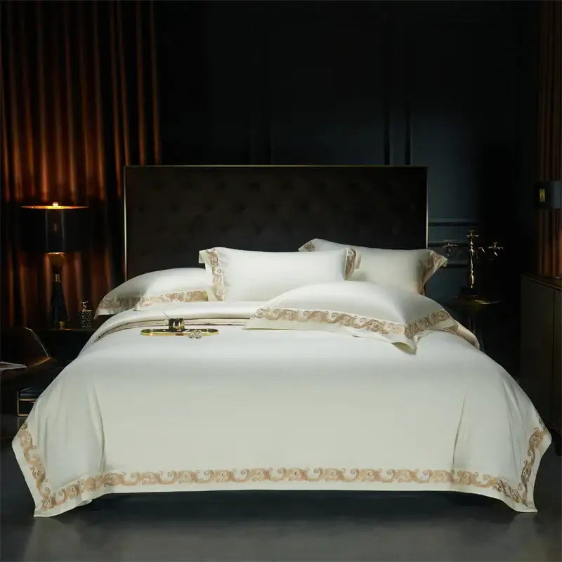 Elegant ivory satin bedding set with luxe gold embroidery by DecorBites in 1400TC Egyptian cotton for queen king beds