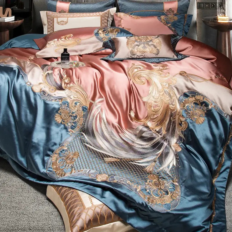 Luxurious rose gold and teal satin bedding set with intricate golden baroque luxe gold embroidery by DecorBites Luxe Gold