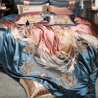 Luxurious rose gold and teal satin bedding set with intricate golden baroque luxe gold embroidery by DecorBites Luxe Gold