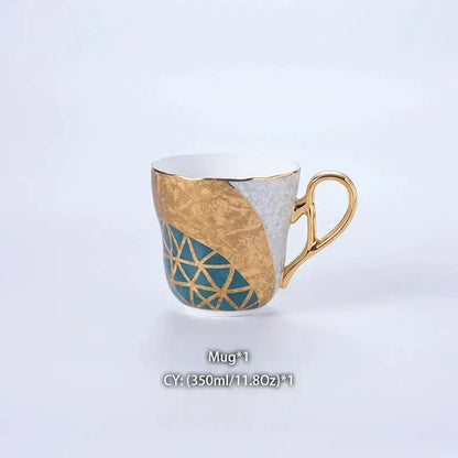 Decorbites luxe gold inlay bone china coffee set mug with teal geometric patterns and a gold handle for elegant use