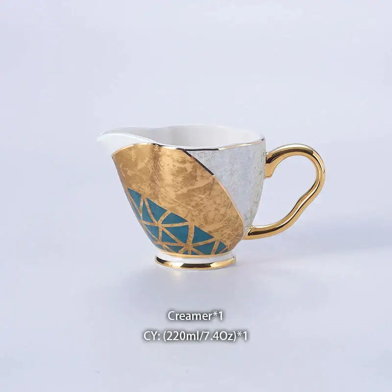 Elegant porcelain creamer with gold inlay and teal geometric design from decorbites luxe gold bone china coffee set