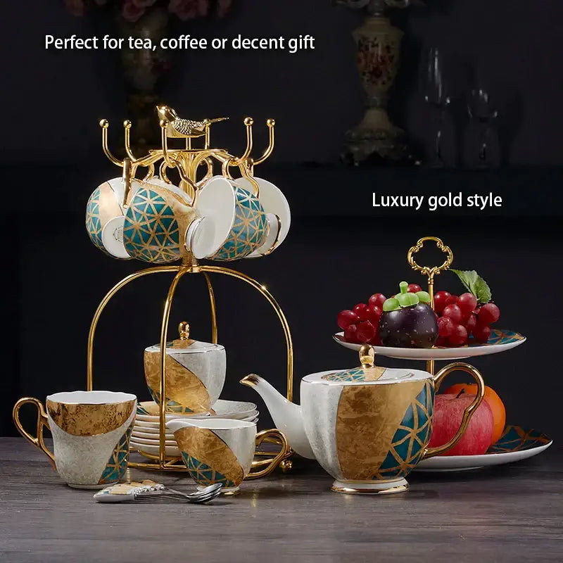 Elegant decorbites luxe gold inlay bone china coffee set with teal geometric patterns on a luxury gold stand