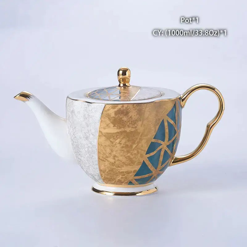 Elegant porcelain teapot with teal geometric design and gold inlay from decorbites luxe gold coffee set