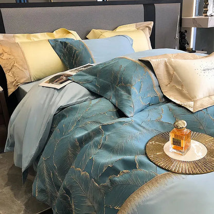 Teal satin jacquard embroidery bedding set with gold leaf design and matching pillowcases in 1000tc egyptian cotton