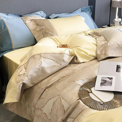Cream-colored satin jacquard embroidery bedding set with gold leaf design and soft blue 1000tc Egyptian cotton pillowcases