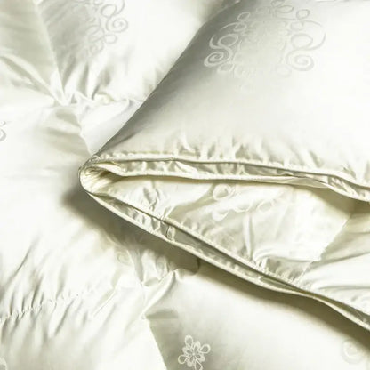 Cream-colored decorbites luxe goose quilt with silver floral embroidery, fluffy warm down comforter for queen king size beds