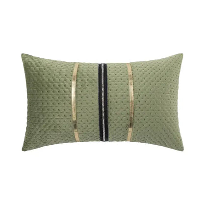 Olive green quilted velvet cushion cover with gold and black zipper accents for modern decorbites luxe gray use