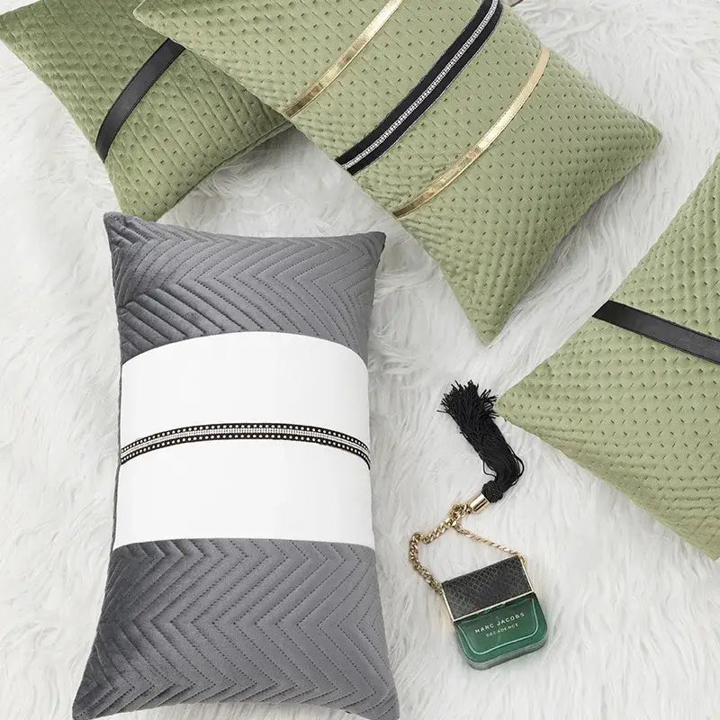 Gray and white chevron-patterned velvet cushion cover with black beaded stripe decorbites luxe gray for sofa decor